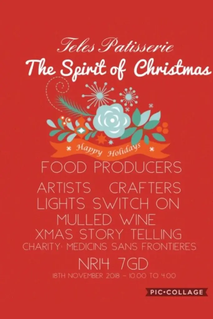 Red Christmas event poster for Teles Patisserie, promoting food producers, artists, crafters, mulled wine and festive storytelling.
