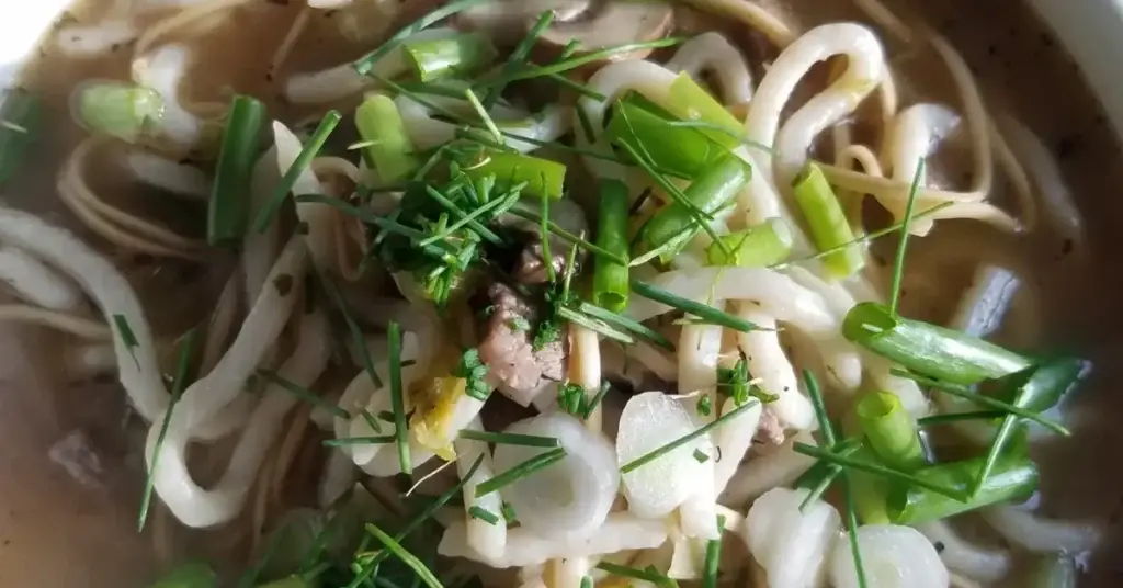 Noodle dish topped with fresh green herbs and vegetables