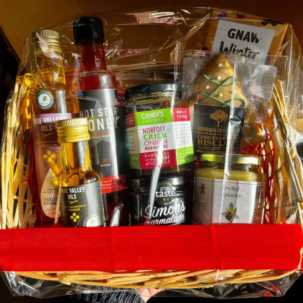 Yare Valley gift hamper filled with rapeseed oils, chutneys, sauces, biscuits and local farm shop treats.