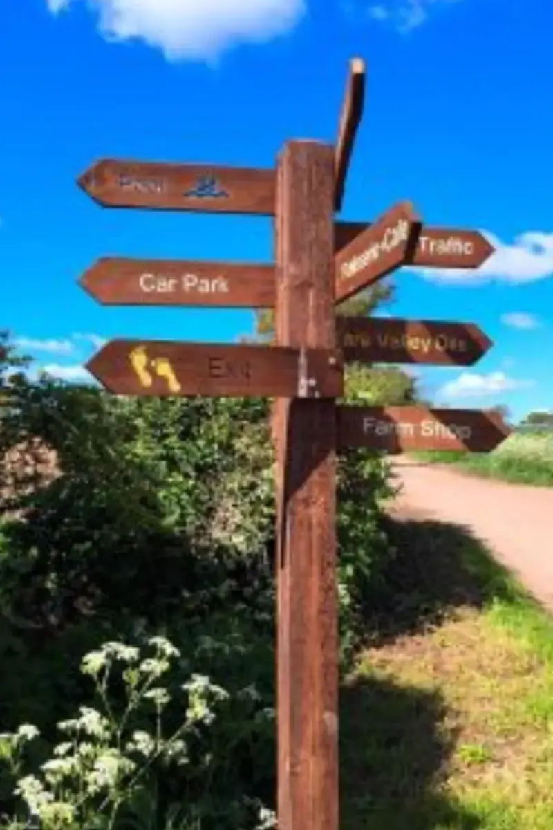 Wooden directional sign at Yare Valley Farm showing routes to the car park, farm shop, exit and overflow traffic.