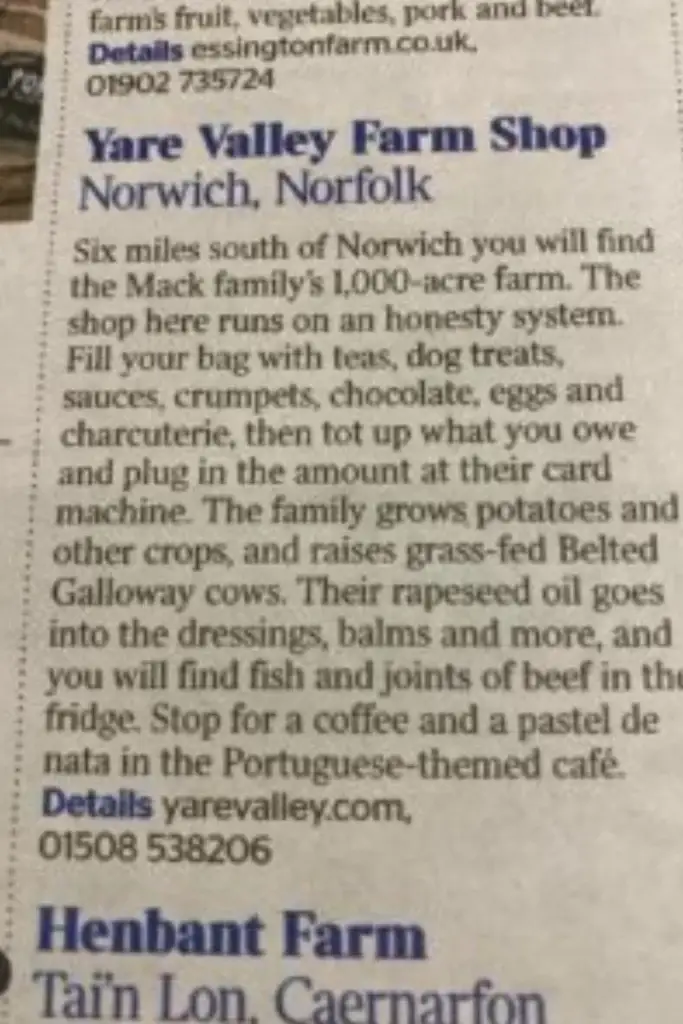 Newspaper feature highlighting Yare Valley Farm Shop in Norwich, Norfolk, with details about local produce, farm-grown potatoes and self-service shopping.
