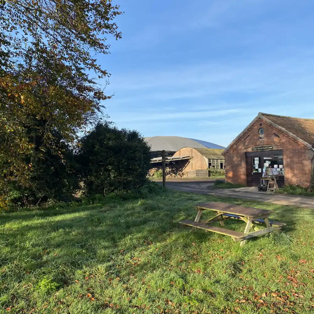 Outdoor seating area beside Yare Valley Farm Shop with picnic bench, grass, trees and brick farm buildings